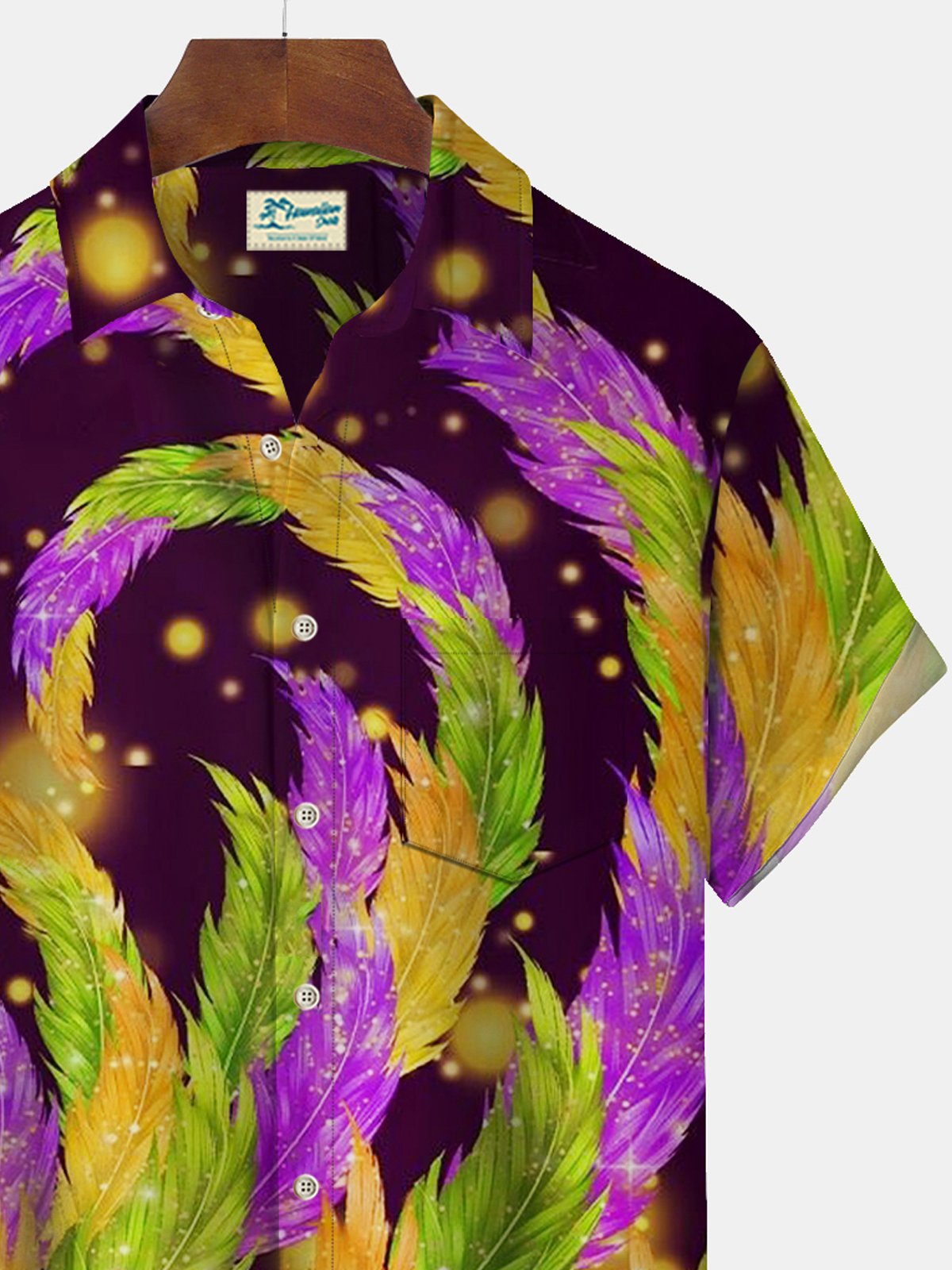 Mardi Gras Holiday Purple Men's Hawaiian Shirts Feather Art Stretch Pocket Camping Shirt Big Tall