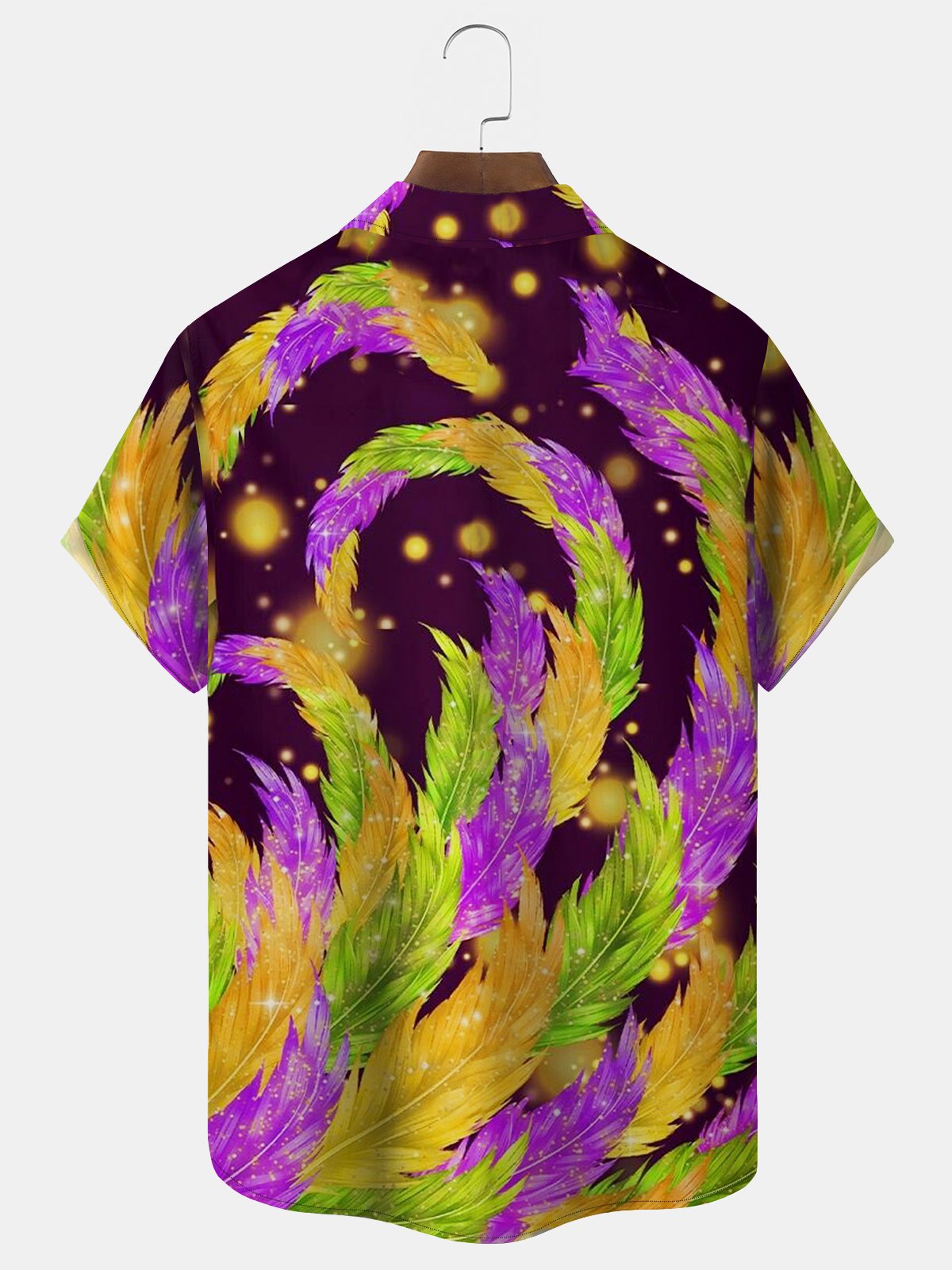 Mardi Gras Holiday Purple Men's Hawaiian Shirts Feather Art Stretch Pocket Camping Shirt Big Tall