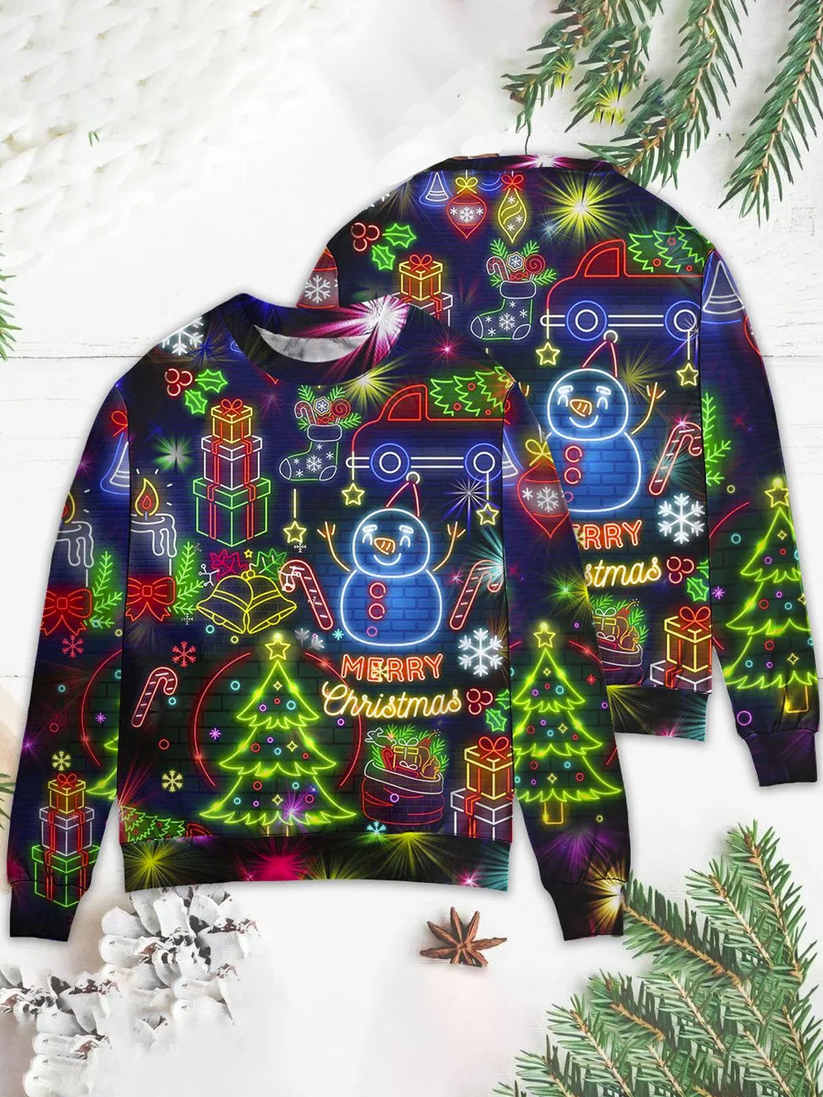 Christmas Holiday Neon Round Neck Sweatshirts Warm Comfortable Pullover Party Top