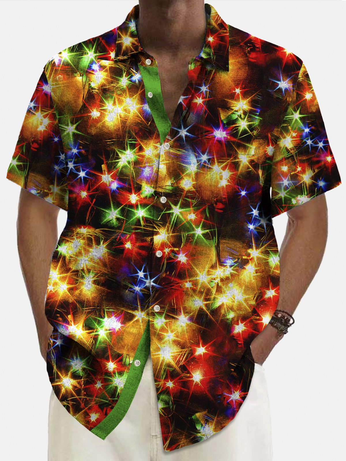 Royaura® Christmas Gold Neon Men's Shirts Stretch Plus Size Christmas Lights Costume Button-Down Shirts