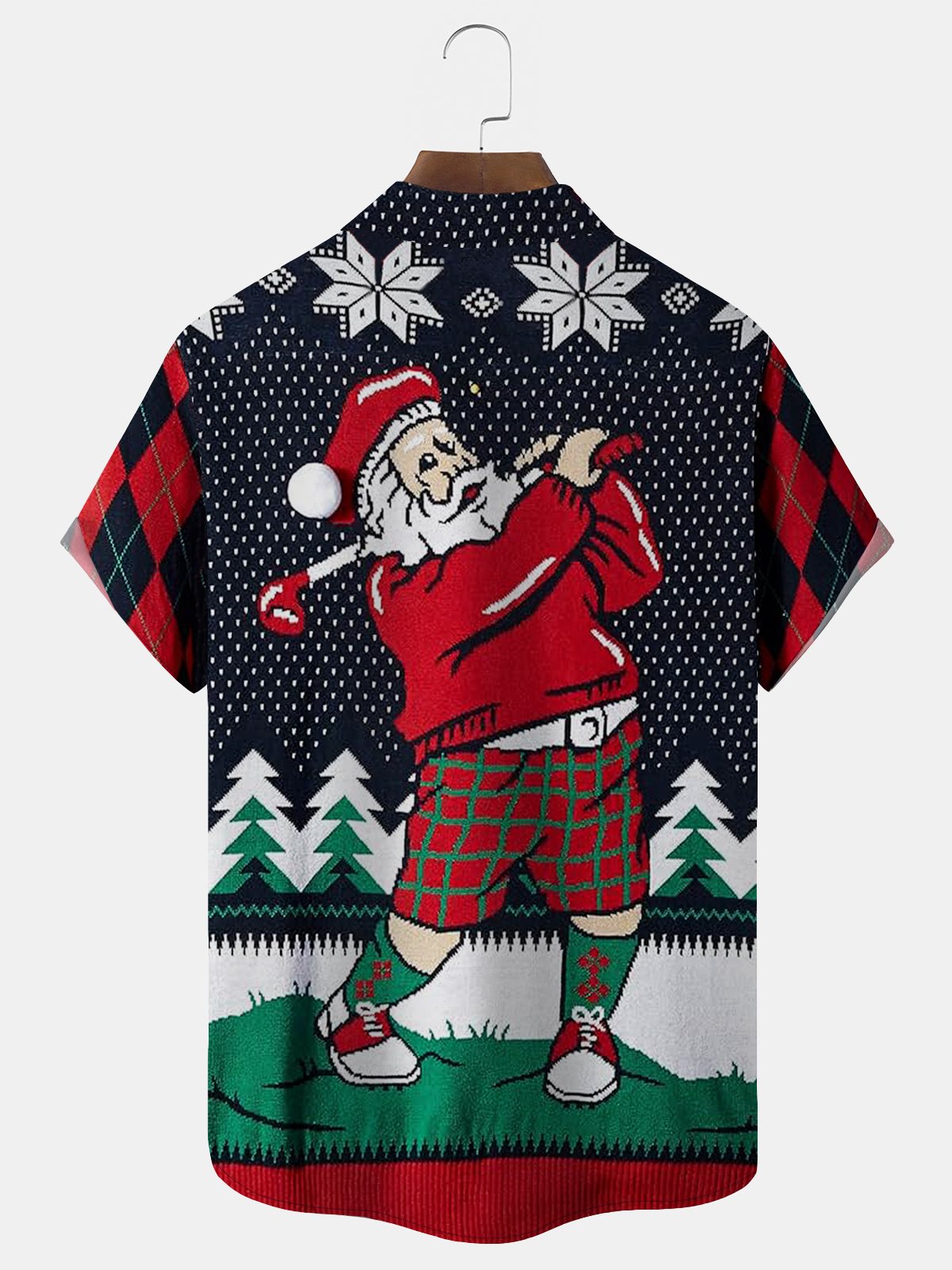 Christmas Holiday Blue Men's Fun Cartoon Santa Golf Art Check Camp Pocket Shirts Big Tall