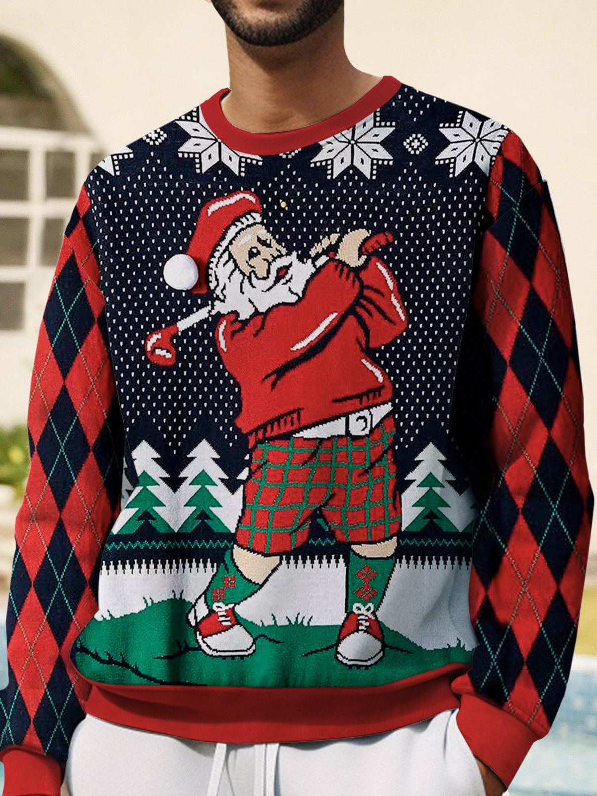 Christmas Holiday Santa Claus Men's Round Neck Sweatshirt Golf Sports Ugly Pattern Art Pullover Tops
