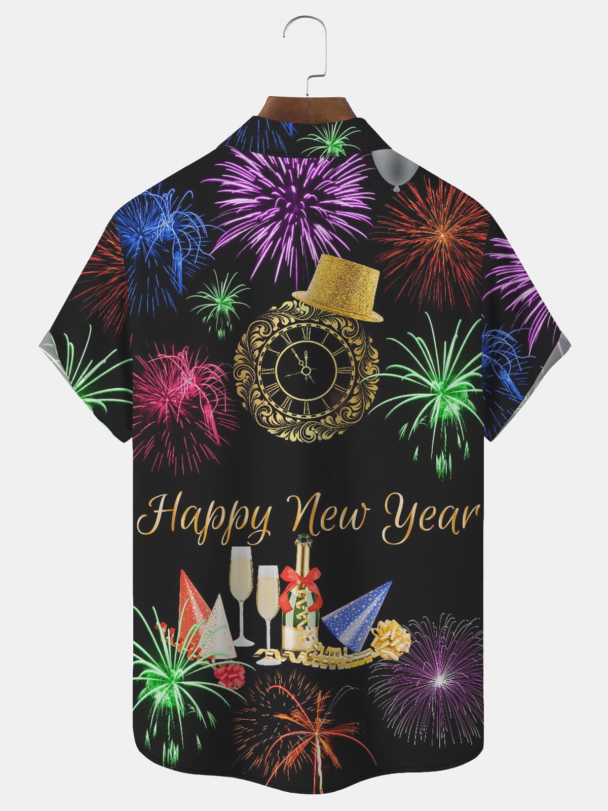 New Year Fireworks Print Men's Button Pocket Shirt