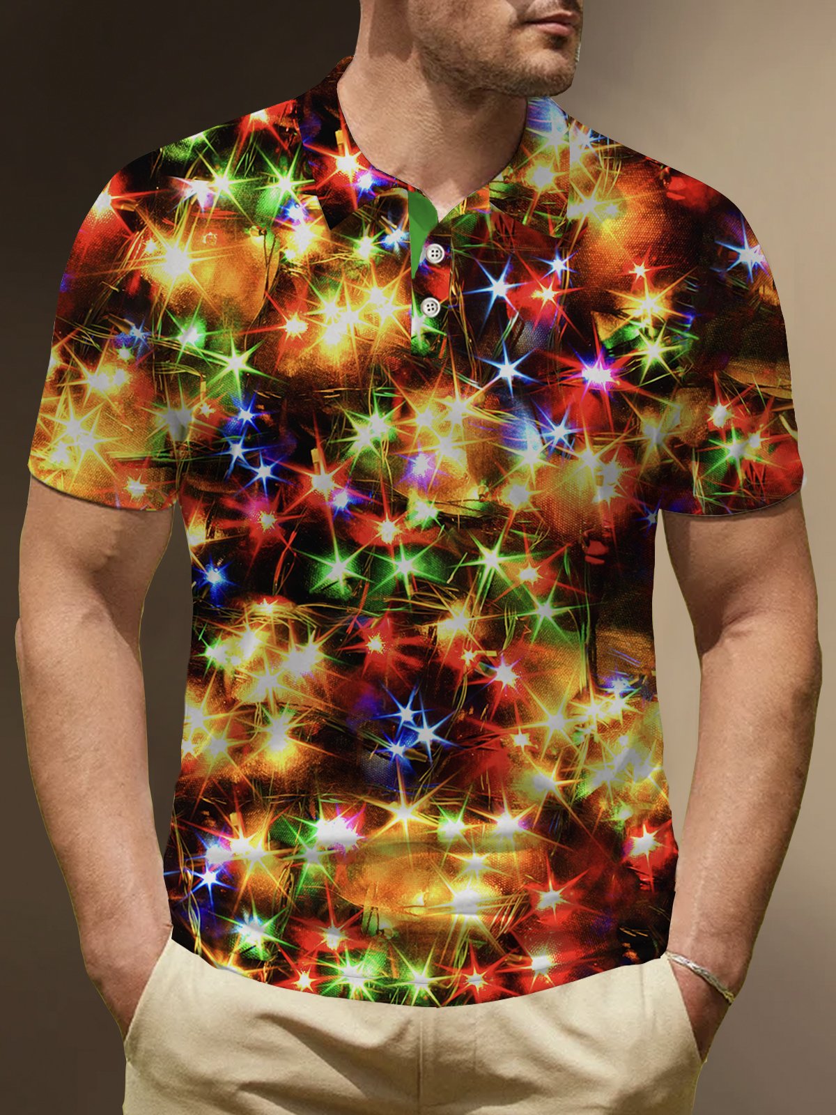 Christmas New Year Lantern Print Men's Button-Up Polo Shirt
