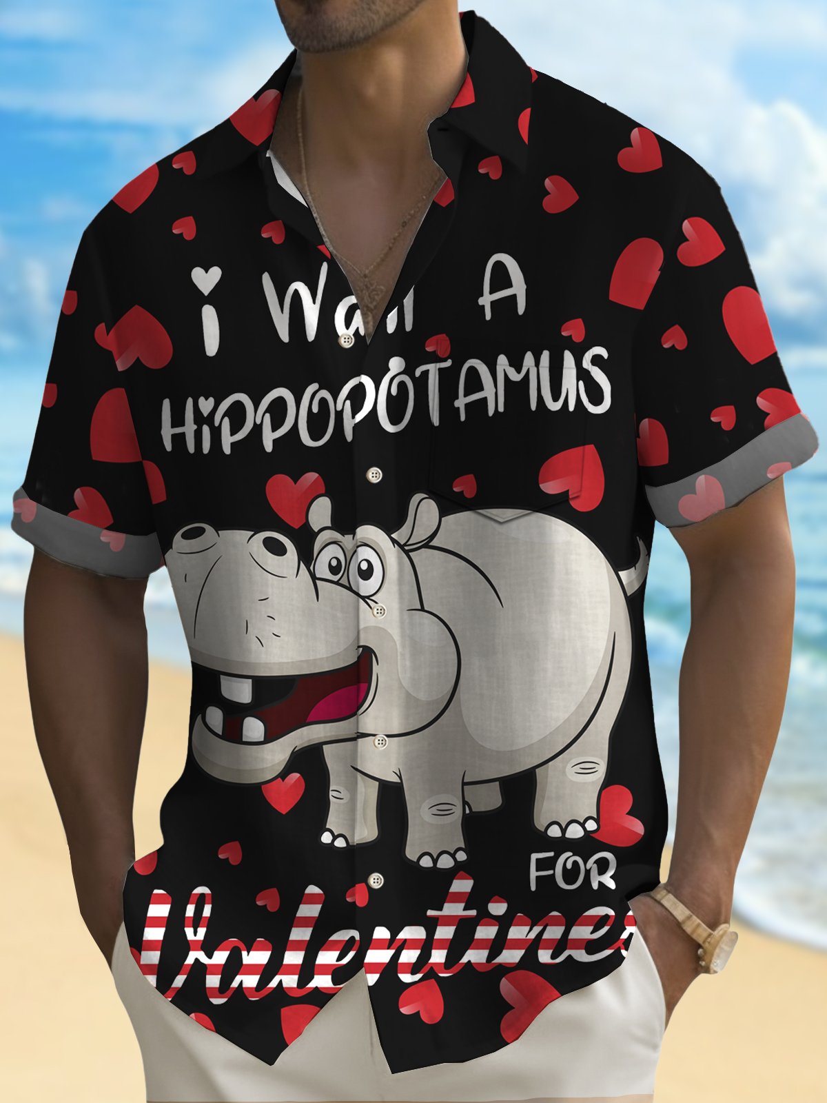Valentine Heart Hippo Print Men's Button Pocket Shirt