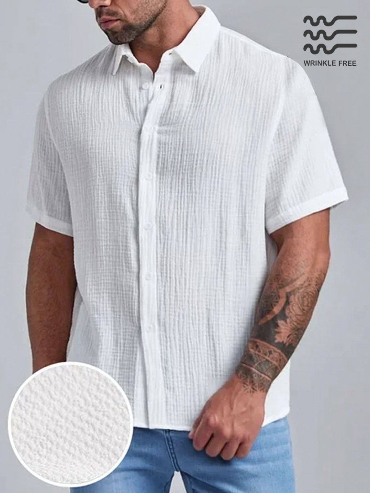 Men's Seersucker Wrinkle-Free Solid Color Casual Basic Short Sleeve Shirt