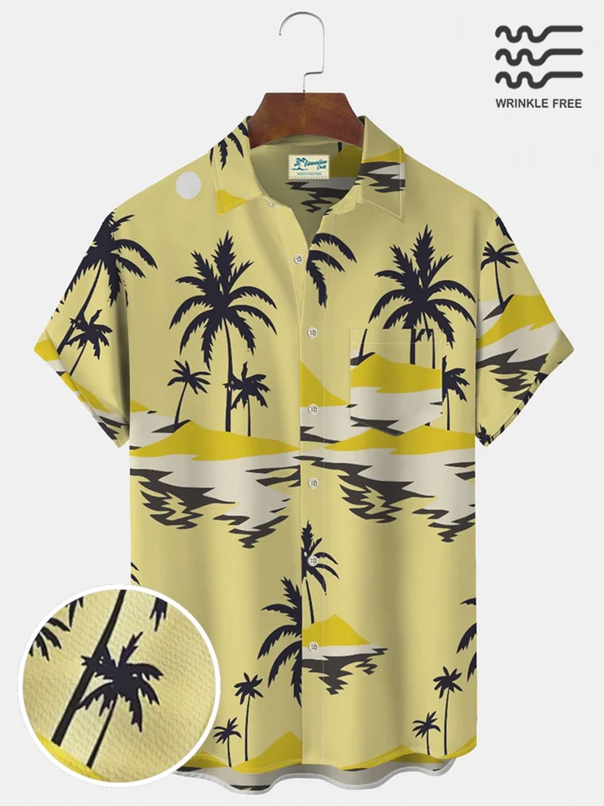 Men's Vintage Wrinkle Free Casual Shirts Beach Palms Sunset Seersucker Tops