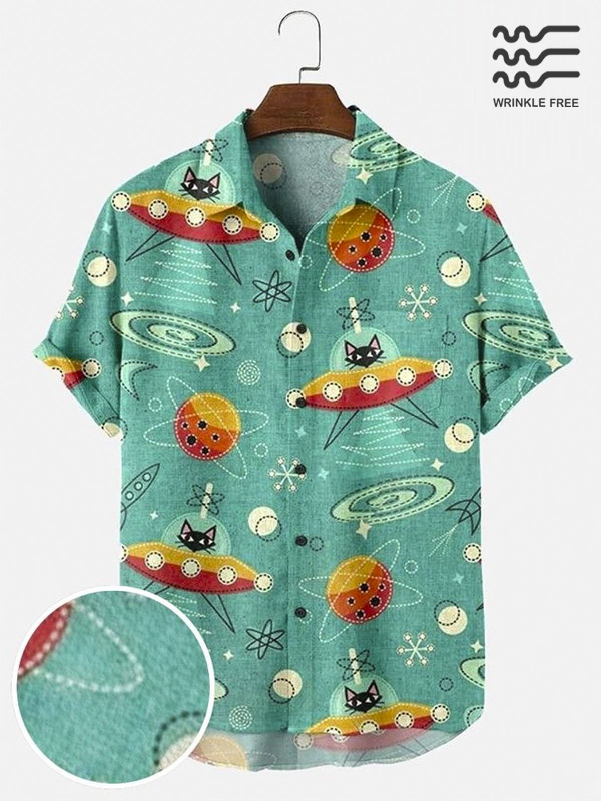 Men's Seersucker Fabric Wrinkle Resistant Shirt UFO Cat Art Print Short Sleeve Shirt