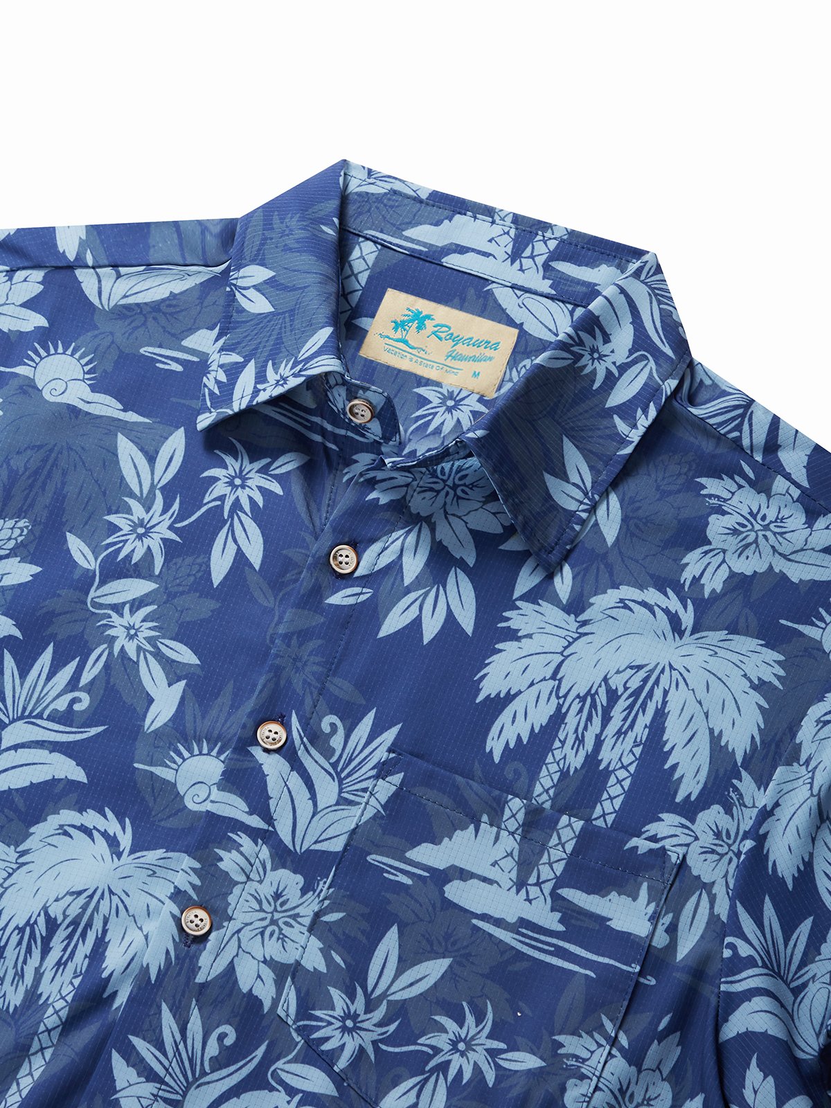 JoyMitty Beach Holiday Navy Blue Men's Hawaiian Cool Ice Shirts Sweat-wicking Coconut Tree Stretch Aloha Camp Pocket Shirts