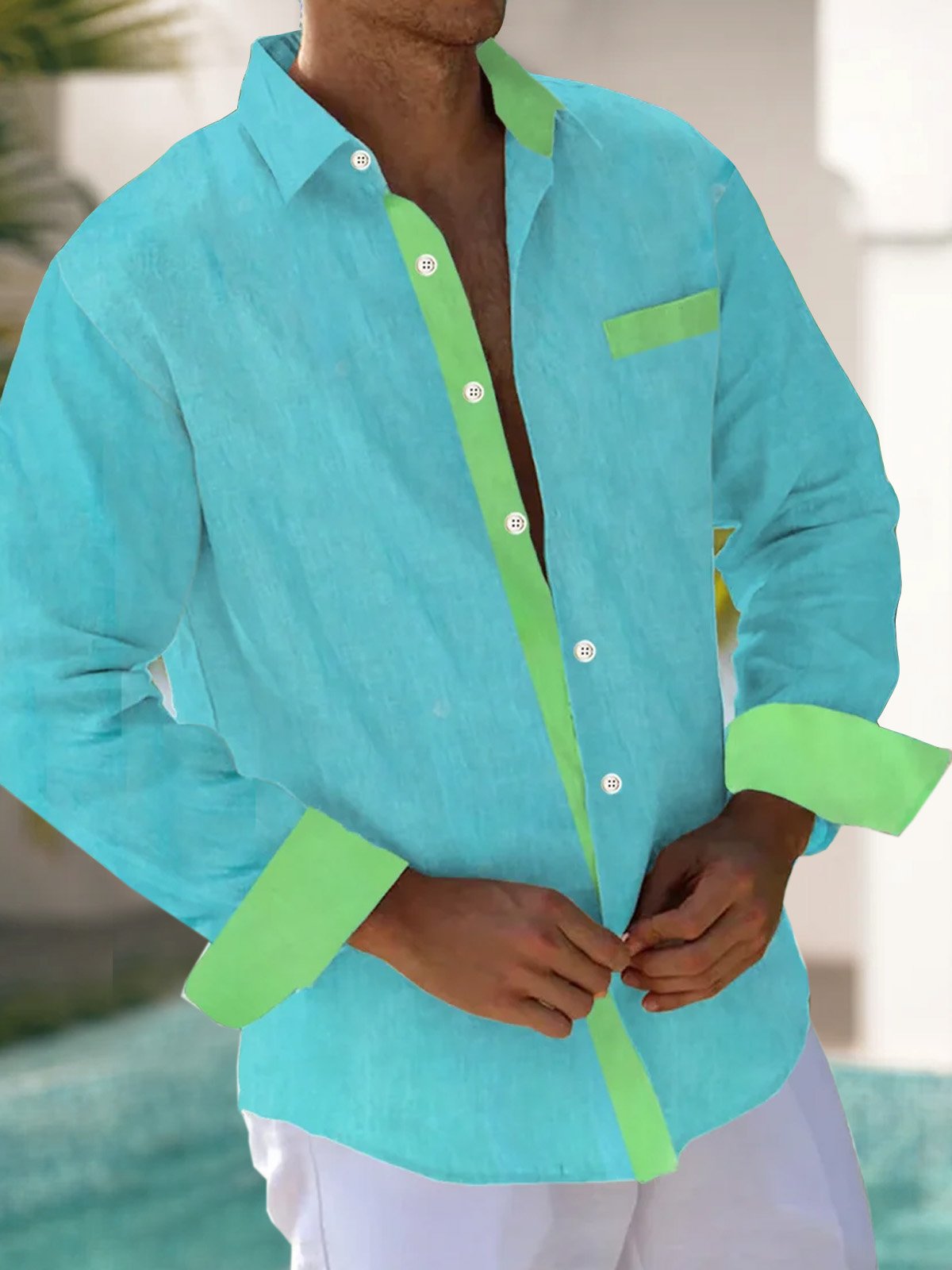 JoyMitty Solid Color Contrast Print Men's Button Pocket Long Sleeve Shirt