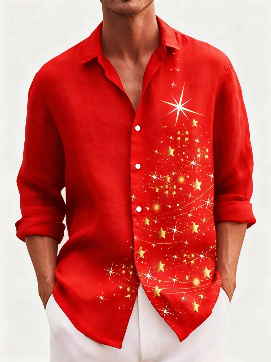 JoyMitty Christmas Black Men's Long Sleeve Shirts Glitter Gold Christmas Tree Stretch Oversized Button Shirts