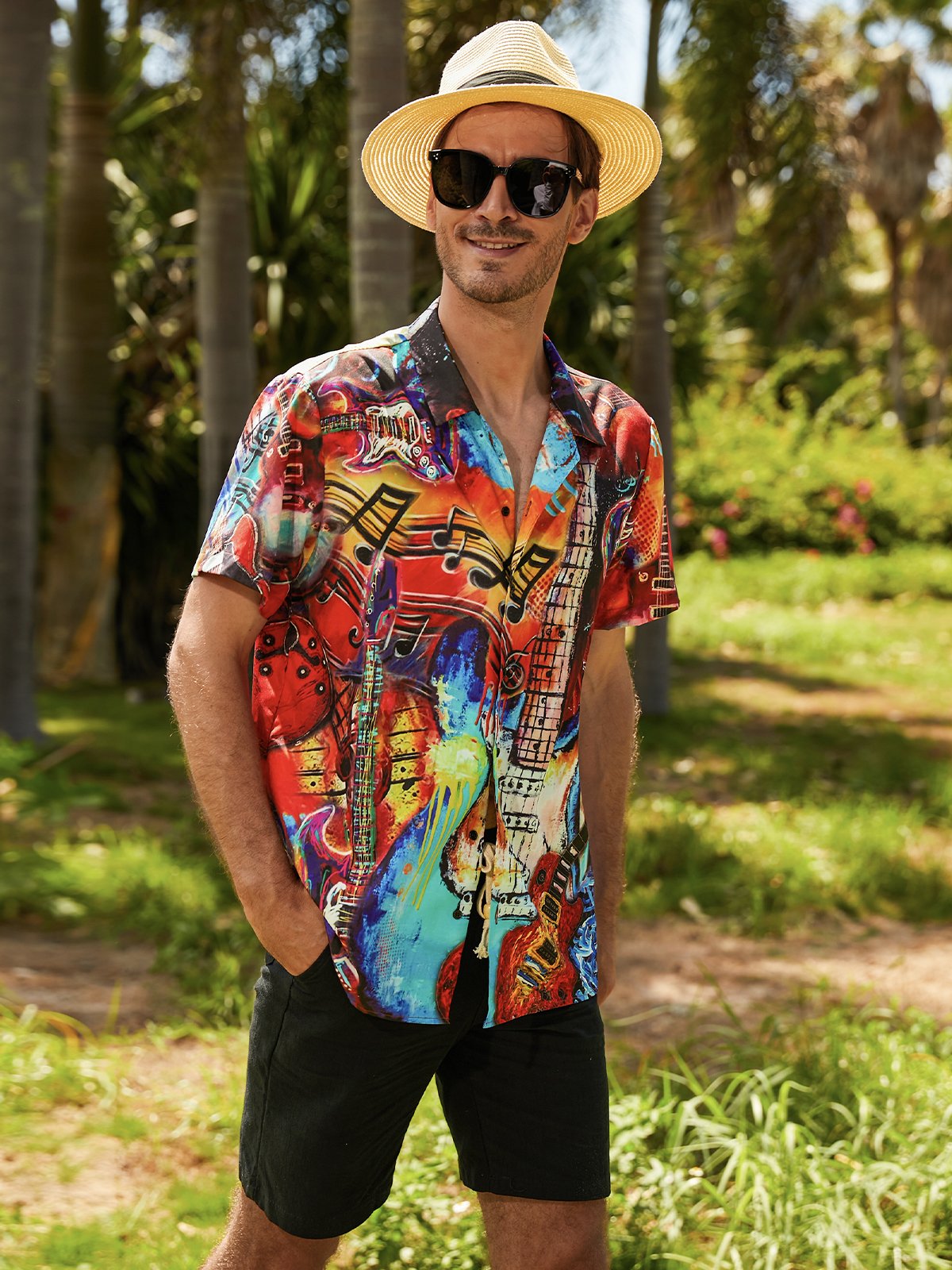 Men's Vintage Hawaiian Music Guiter Prined Shirt Party Aloha Beach Shirt & Top