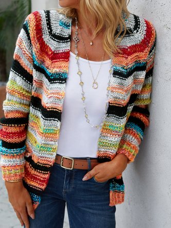 JOYMITTY Women Multicolor Plus size Long Sleeve Casual Striped Outerwear M L XL XXL 3XL