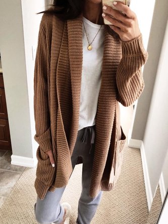 Casual Pockets Knitted Long Sleeve Solid Jacket