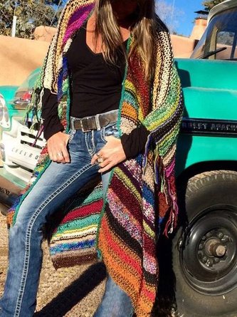Color-block Long Sleeve Tassel Knitted Sweater coat