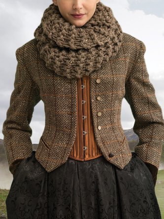Brown Paneled Long Sleeve Plaid Knit coat