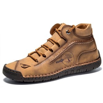 Men Hand Stitching Leather Non Slip Comfy Lace Up Ankle Boots