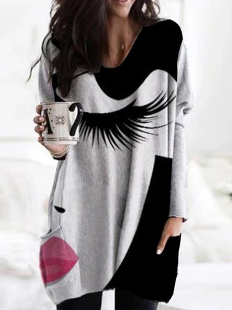 CLEARANCE Women Black-Grey Casual Long Sleeve Abstract Shirts & Tops