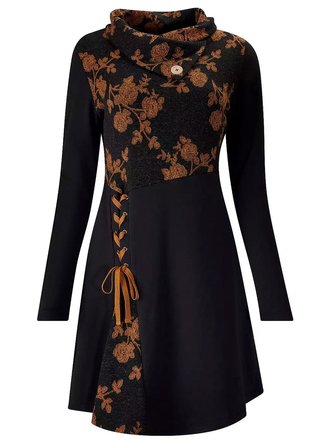 Casual Black Vintage Long Sleeve A-Line Floral Fashion Women Dresses