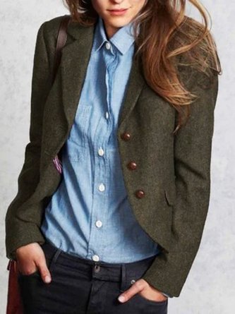 Dark Green Wool Blend Buttoned Solid Elegant Jacket