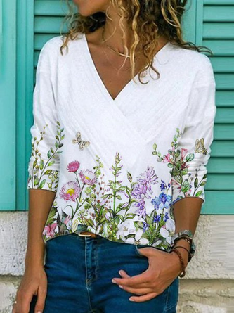 JOYMITTY Women Casual Cotton-Blend Floral-Print Long Sleeve Shirts & Tops
