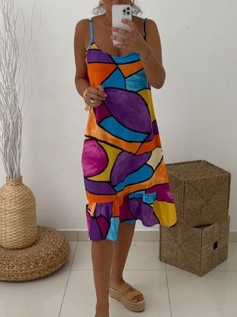 Multicolor Sleeveless Abstract Spaghetti Dresses