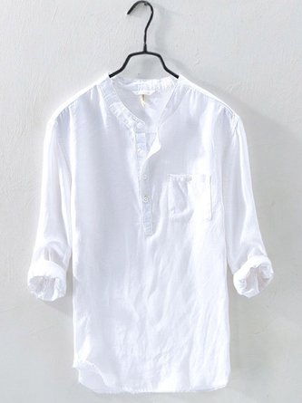Men's casual linen white long sleeve shirt