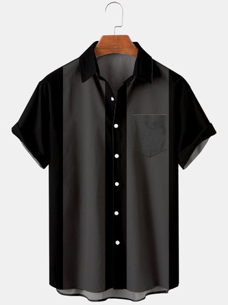 Men's Casual 50s Retro Bowling Shirts Vertical Striped Two Tone Camp Short Sleeve Tops