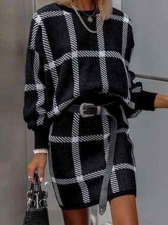 CLEARANCE Black Plaid Casual Long Sleeve Crew Neck Dresses