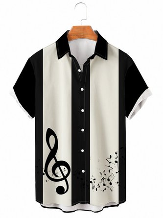 Mens Vintage Music Note Print Camp Bowling Shirts Casual Lapel Short Sleeve Hawaiian Shirts
