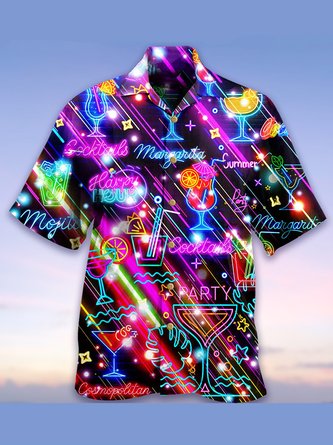 Mens Cocktail Happy Party Print Loose Short Sleeve Hawaiian Shirts