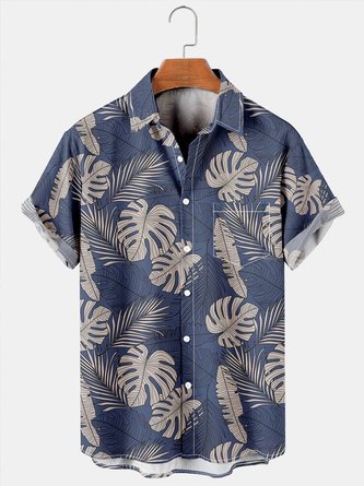 Mens Palm Leaves & Monstera Ceriman Leaves Print Casual Short Sleeve Hawaiian Shirts