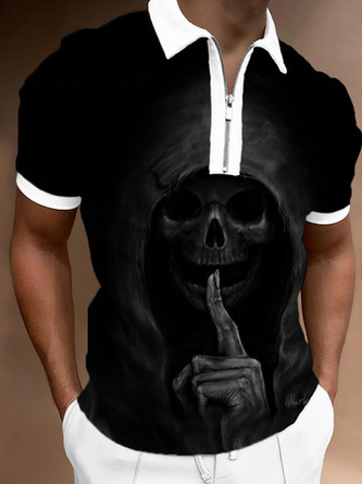 Casual Sports Abstract Skull Digital Print Short Sleeve Polo