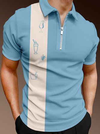 Resort-Style Hawaiian Cocktail-Inspired Lapel Short-Sleeved Polo Print Top