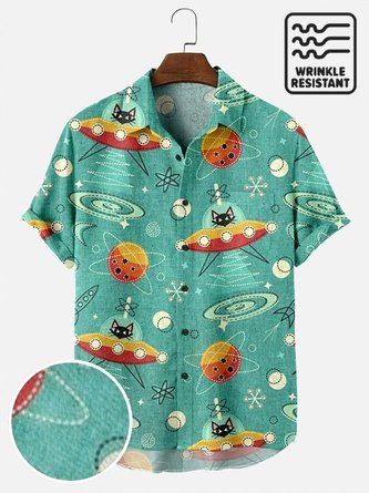 Men's Seersucker Fabric Wrinkle Resistant Shirt UFO Cat Art Print Short Sleeve Shirt