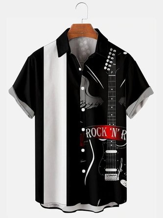 Men's Simple Casual Music Electric Guitar Splicing Lapel Shirt