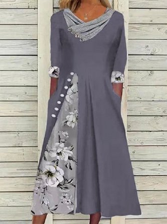 Gray Buttoned A-Line Floral Casual Dresses