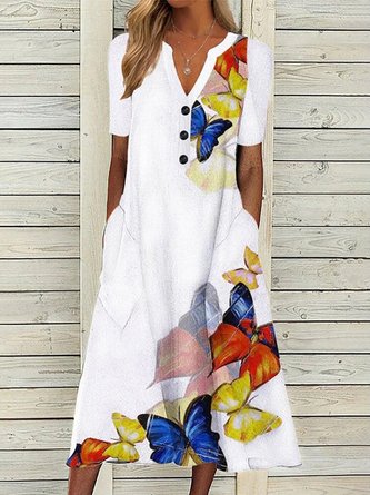 White Buttoned Casual V Neck A-Line Midi Summer Dress for Women