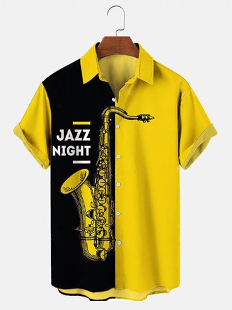 Men's Vintage Jazz Saxophone Loose Casual Hawaiian Short Sleeve Shirt