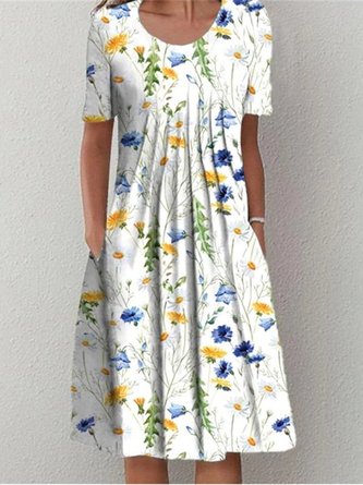 White Floral Printed Casual A-Line Short Dress for Women