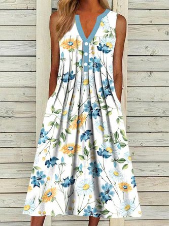 A-Line Buttoned Floral Print Sleeveless Midi Dress for Women