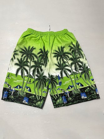 Mens Coconut Tree Elastic Waist Hawaiian Beach Shorts
