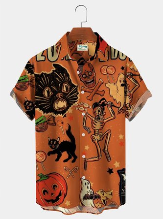 Men's Vintage Halloween Casual Shirts Black Cat Pumpkin Anti-Wrinkle Plus Size Tops