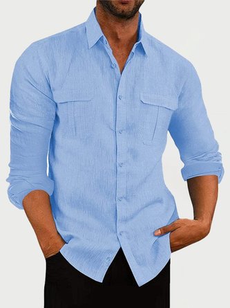 Mens Cotton Linen Basic Series Long Sleeve Plus Size Shirts