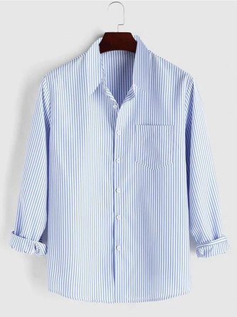 Mens Blue Casual Series Cotton-Blend Striped Long Shirts