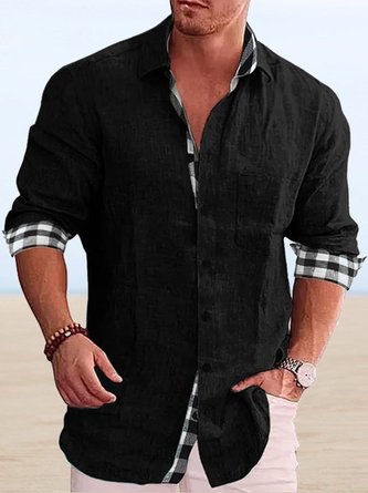 Men's Casual Simple Plaid Contrast Print Lapel Long Sleeve Shirt
