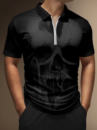 Casual Festive Collection Halloween Gradient Skull Element Pattern Lapel Short Sleeve Print Polo Shirt