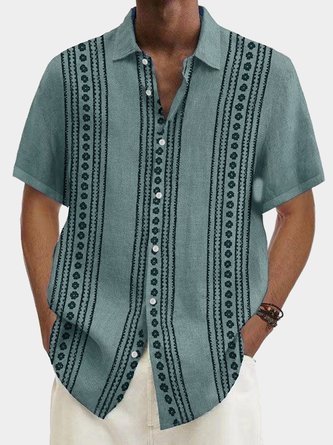 Men's Irregular Stripe Printed Casual Simple Cotton Linen Short Sleeve Shirt