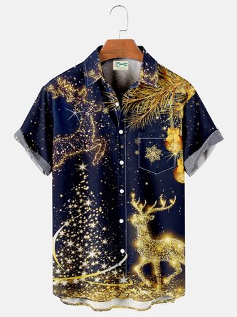 Men's Christmas Tree Elk Print Short Sleeve Hawaiian Shirt