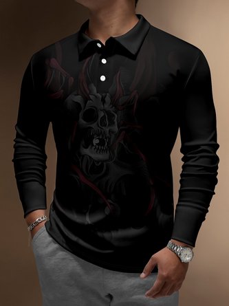 Men's Halloween Abstract Skull Button Long Sleeve Polo Shirt Casual Style Art Collection Lapel Print Top